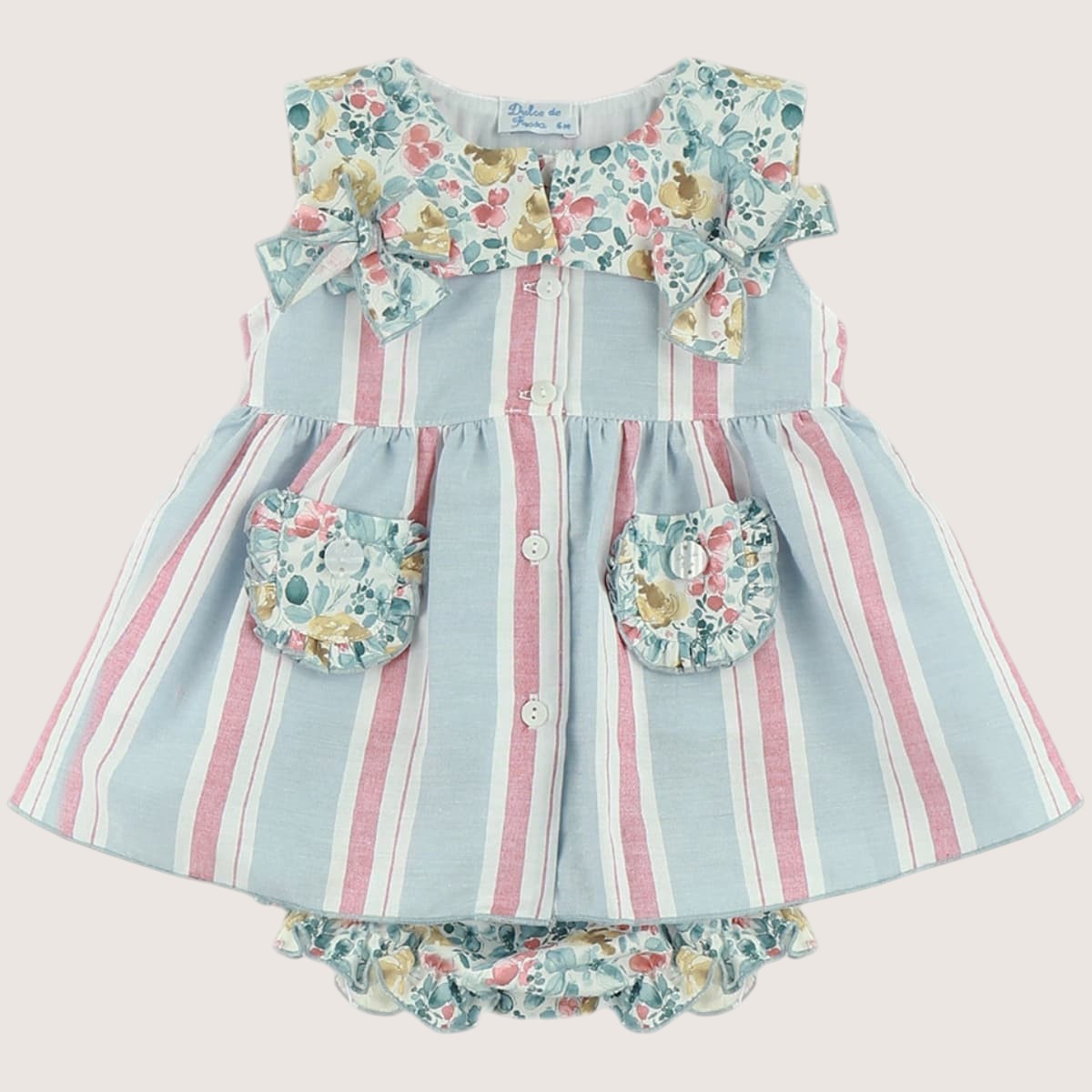 Baby Girls Pastel Striped Dress Set With Floral Pockets