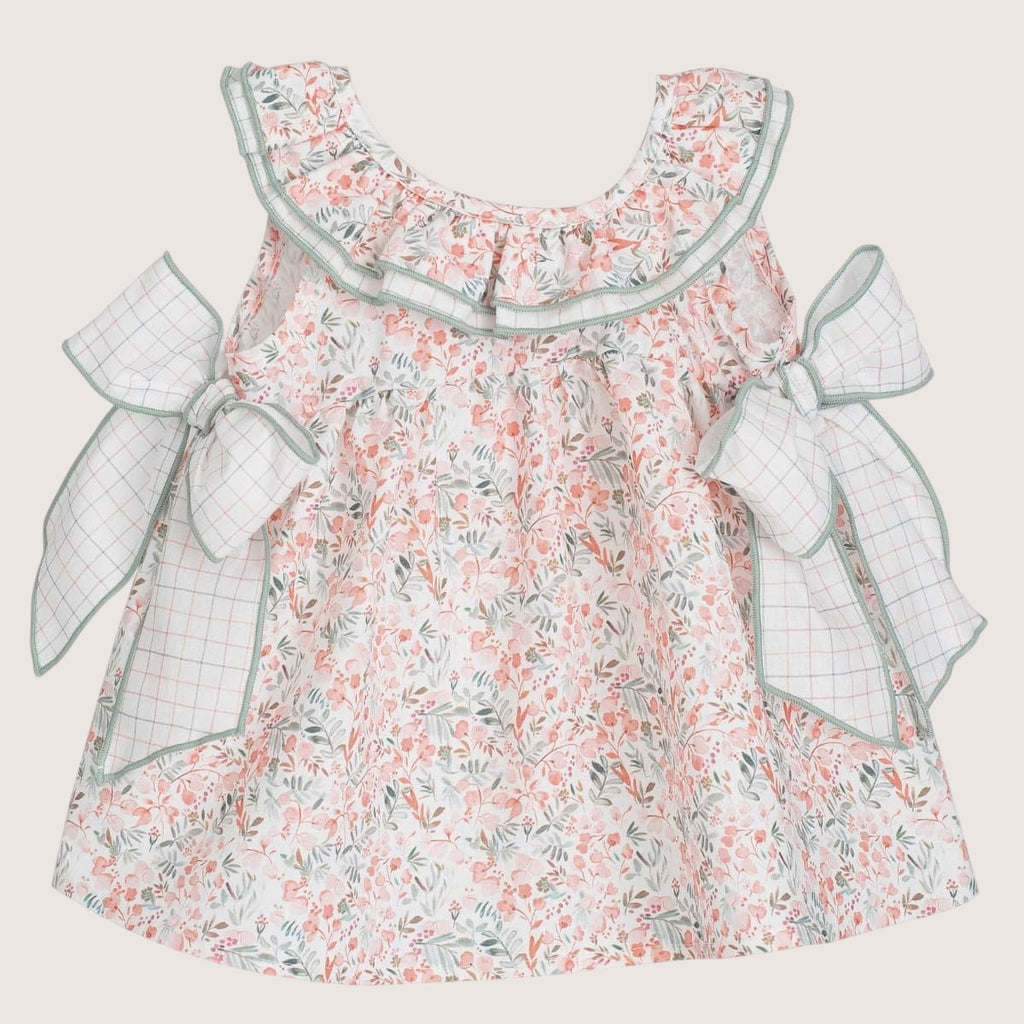 Girls Salmon Floral Dress With Bows