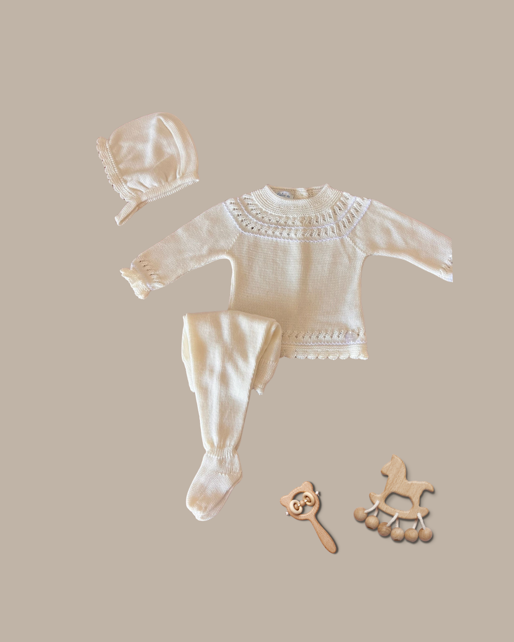 Baby 3-Piece Off-White Cotton Knit Set with Pointelle Detail