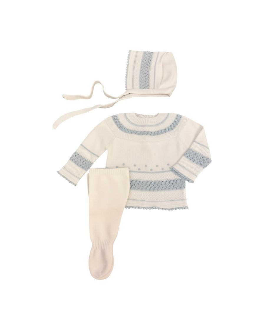 Baby Boys White & Blue 3-Piece Cotton Knit Set with Patterned Trim