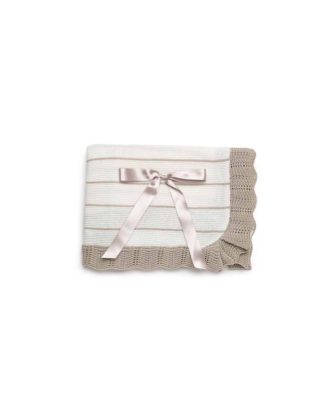 Baby Unisex Beige Striped Knit Blanket with Ruffle Trim