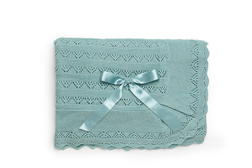 Baby Girls Water Green Openwork Knit Blanket with Pointed Ruffle
