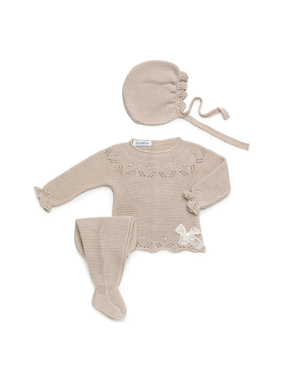 Baby Girls Creamy 3-Piece Lace-Knit Set with Bonnet