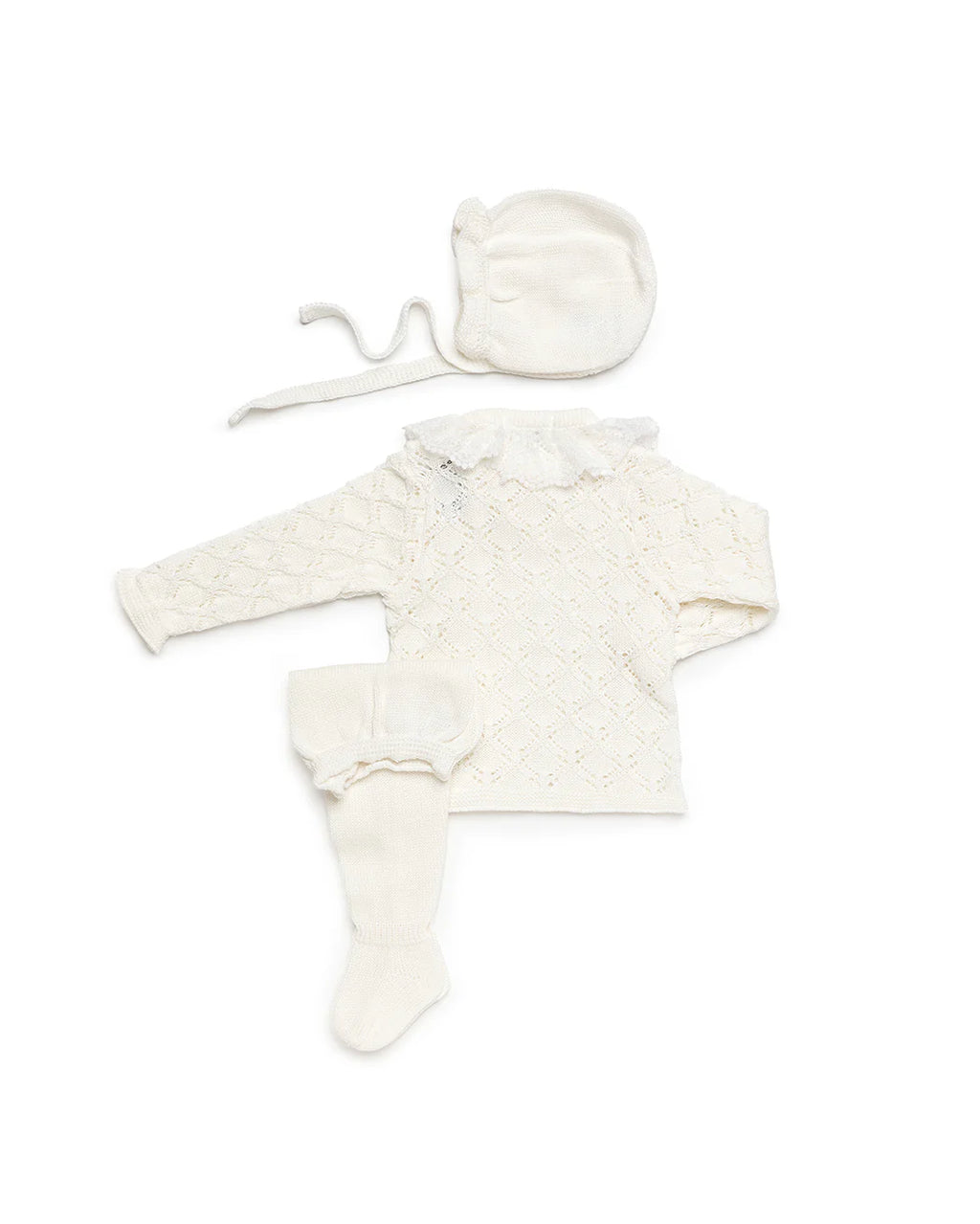 Baby Girls Off-White 3-Piece Diamond Lace-Knit Set with Bonnet