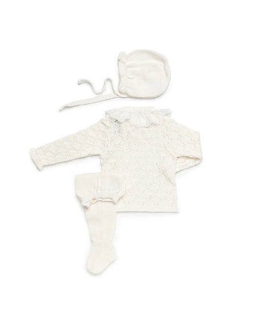 Baby Girls Off-White 3-Piece Diamond Lace-Knit Set with Bonnet