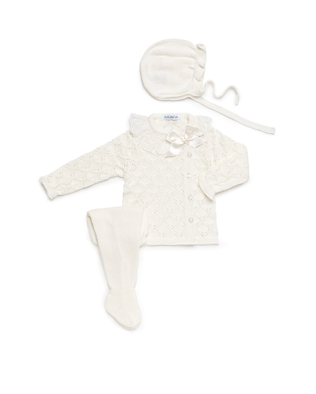 Baby Girls Off-White 3-Piece Diamond Lace-Knit Set with Bonnet