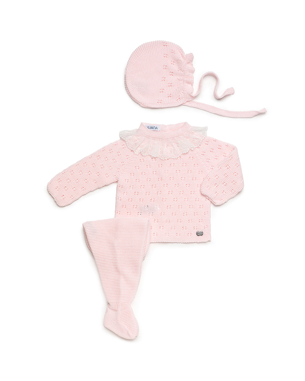 3-PIECE BABY SET IN ALL-OVER OPENWORK WITH LACE EDGING COLLAR
