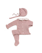 Baby Girls Make-up Pink 3-Piece Braided Knit Set with Bonnet