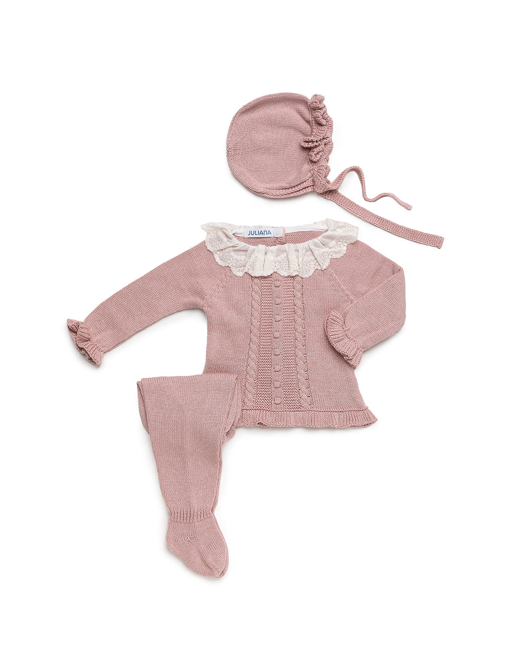 3-PIECE BABY SET WITH CENTRAL BRAIDED PANEL AND BOBBLES