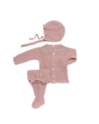 Baby Girls Make-up Beige 3-Piece Textured Knit Set with Bonnet