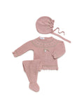Baby Girls Make-up Beige 3-Piece Textured Knit Set with Bonnet