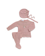 Baby Girls Make-up Beige 3-Piece Textured Knit Set with Bonnet
