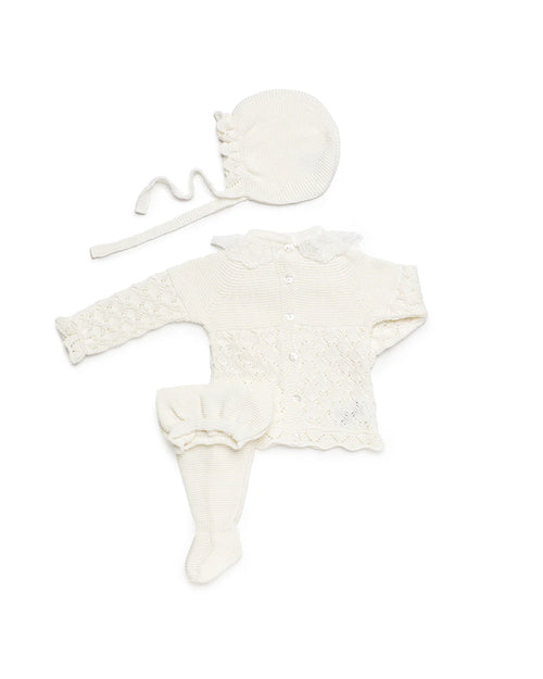 Baby Unisex Off-White 3-Piece Diamond Knit Set with Bonnet