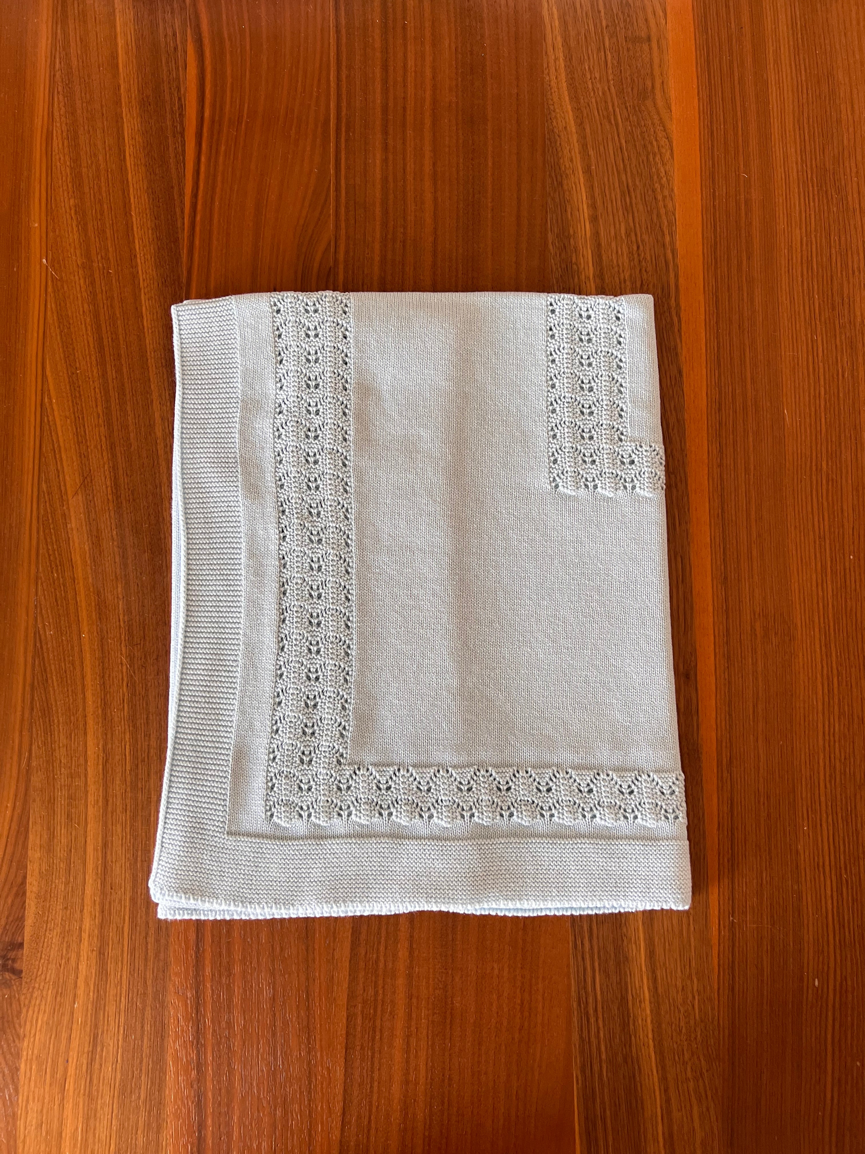 Baby Blue Cotton Knit Blanket with Lace Trim