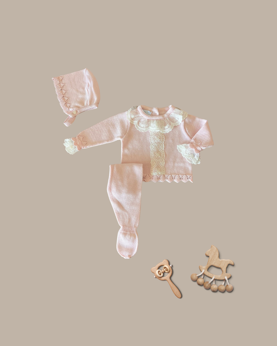 Baby Girls Pink 3-Piece Knit Set with Tulle Lace Collar & Cuffs