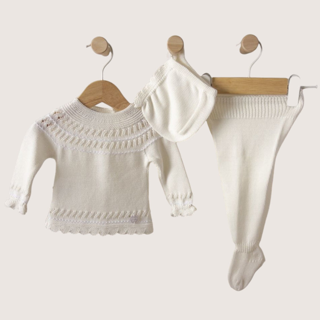 Baby 3-Piece Off-White Cotton Knit Set with Pointelle Detail