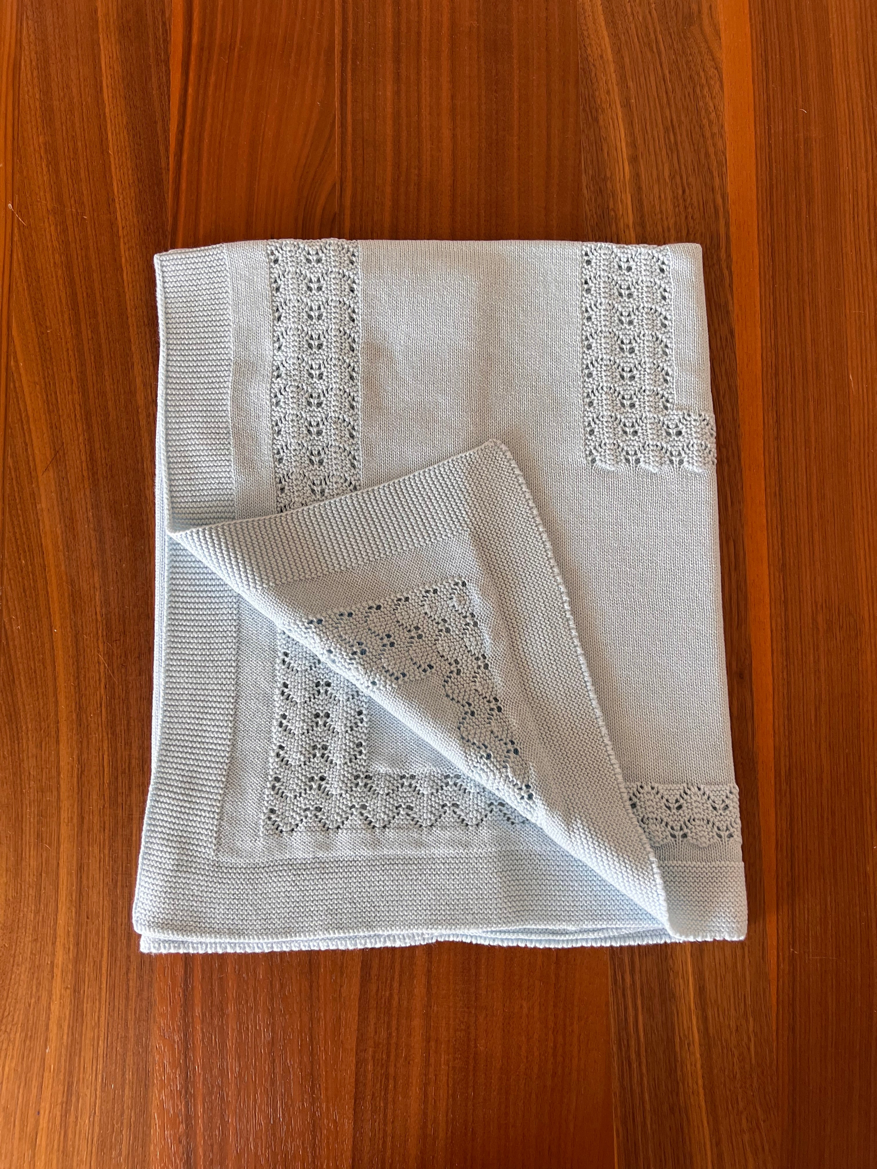Baby Blue Cotton Knit Blanket with Lace Trim