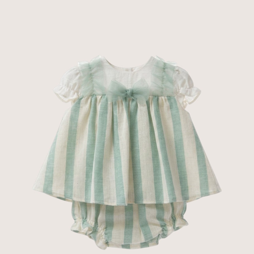 Baby Ceremony Beige & Mint Striped Dress