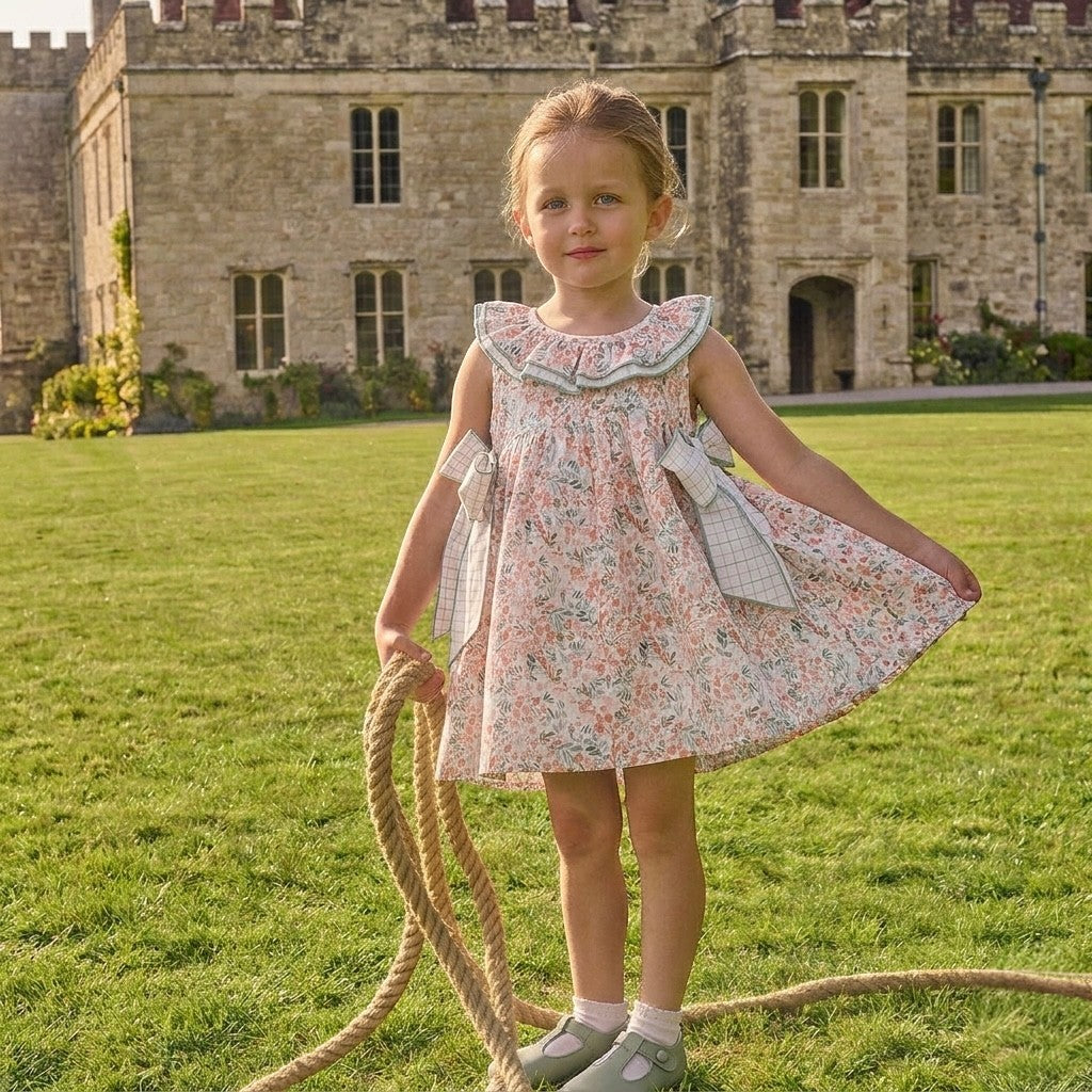Girls Salmon Floral Dress With Bows