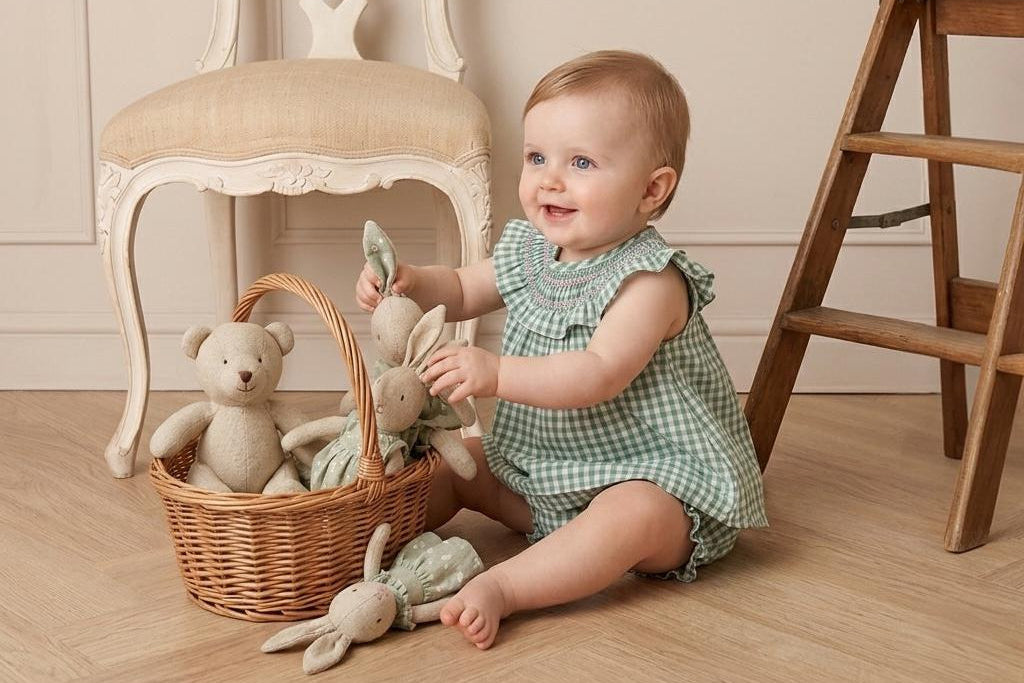 Baby Girls Green Smocked Dress Set with Pink Detail