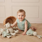 Unisex Green Smocked Romper with Wooden Buttons