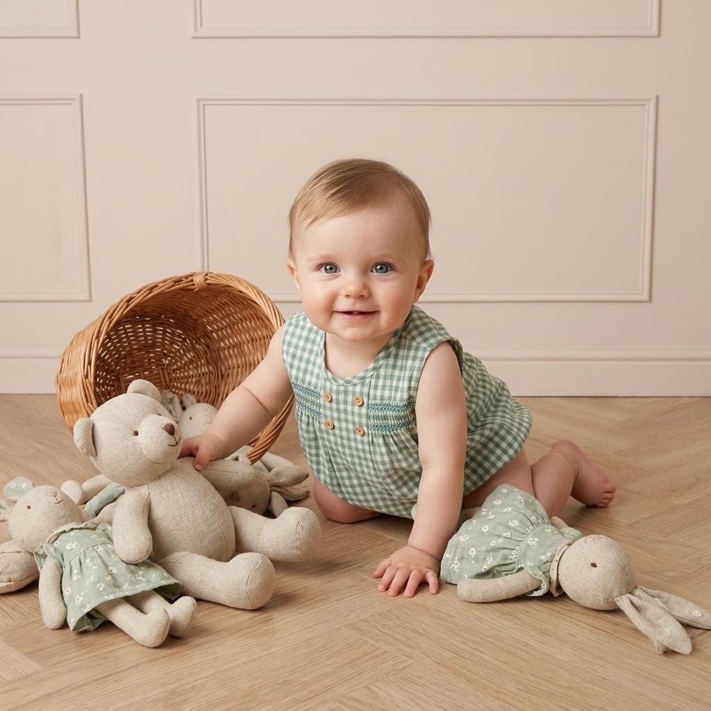 Unisex Green Smocked Romper with Wooden Buttons