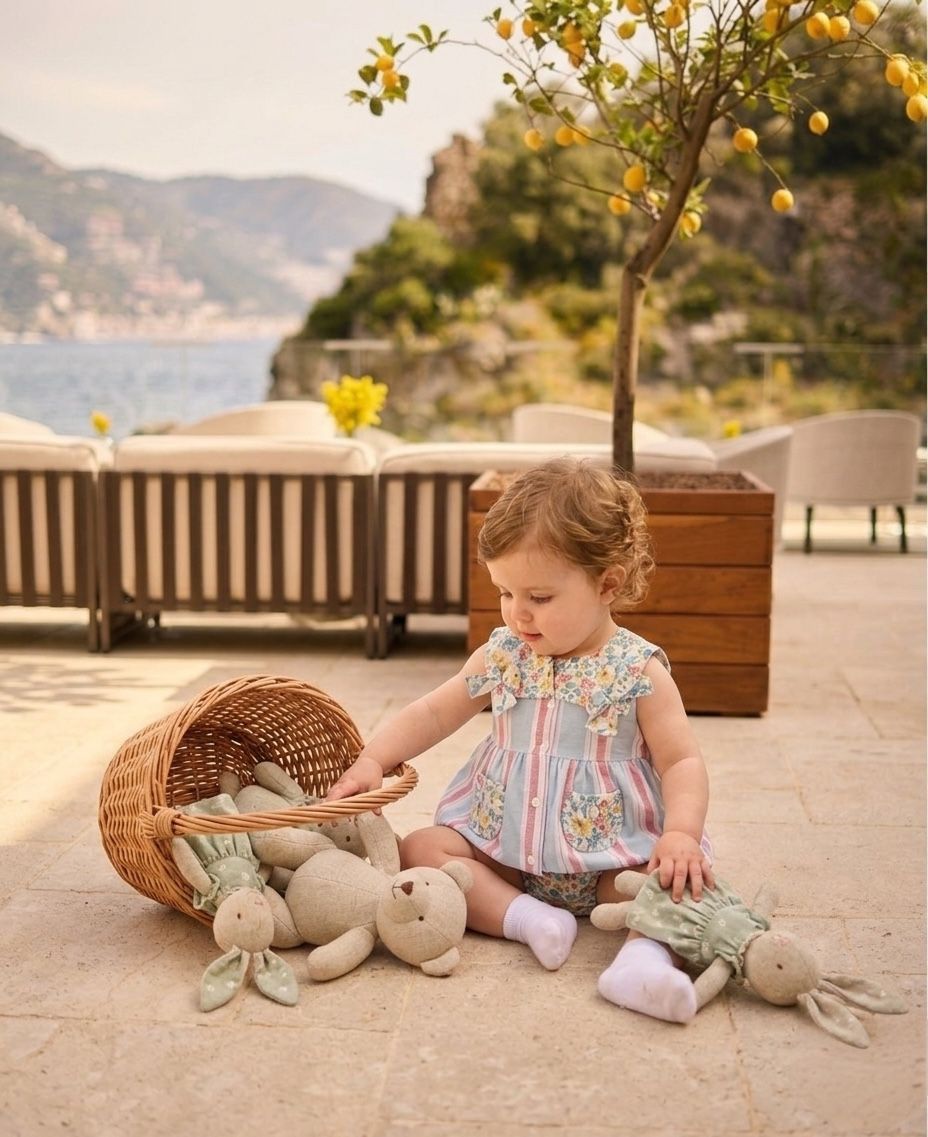 Baby Girls Pastel Striped Dress Set With Floral Pockets