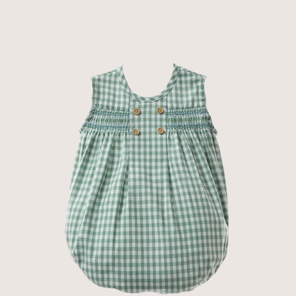 Unisex Green Smocked Romper with Wooden Buttons