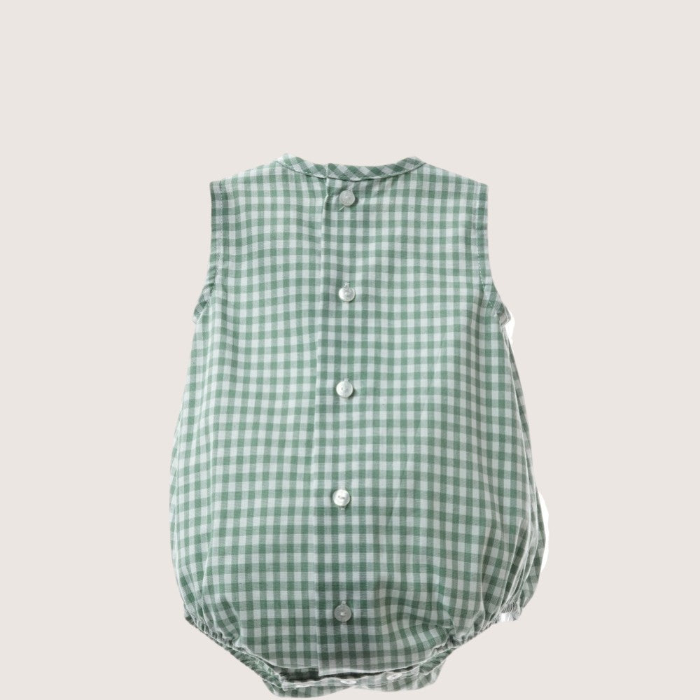 Unisex Green Smocked Romper with Wooden Buttons