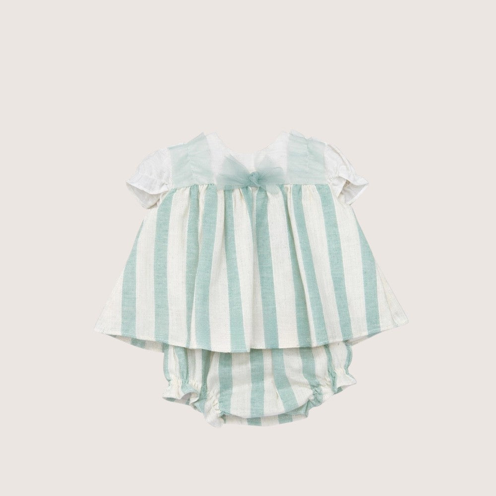 Baby Ceremony Beige & Mint Striped Dress