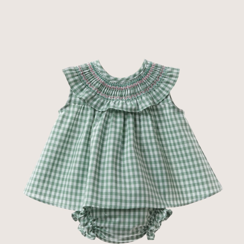 Baby Girls Green Smocked Dress Set with Pink Detail