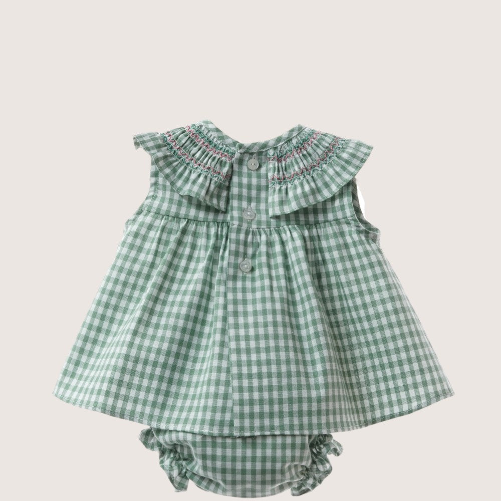 Baby Girls Green Smocked Dress Set with Pink Detail