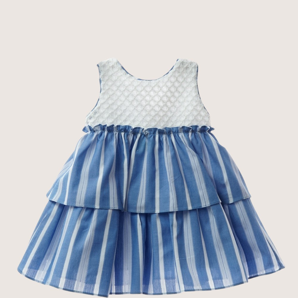 Girls Blue & White Striped Ruffle Dress