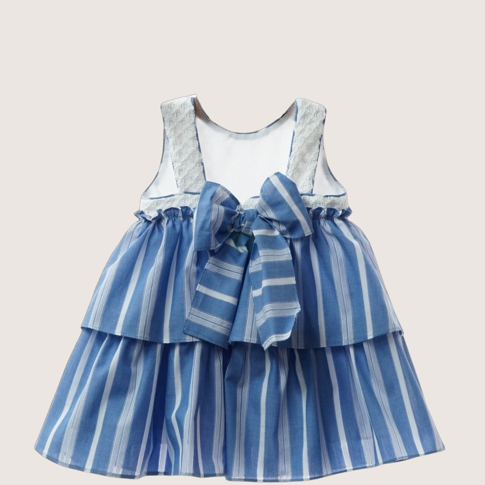 Girls Blue & White Striped Ruffle Dress