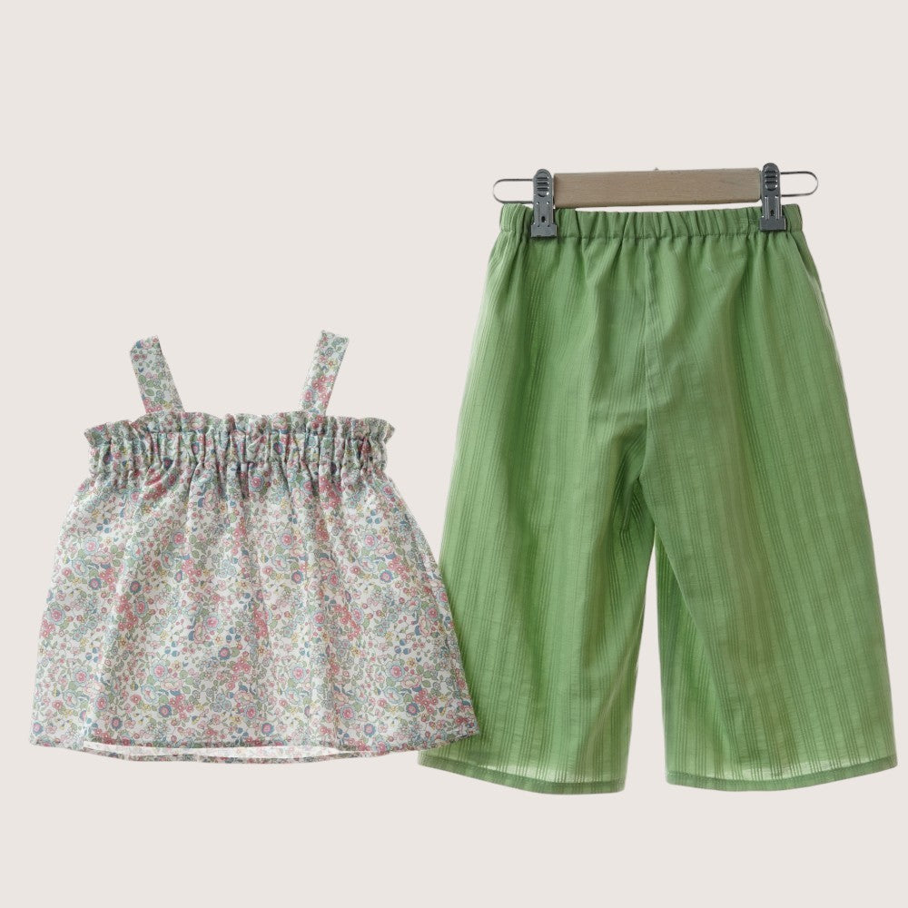 Girls Floral Top & Green Trousers Set