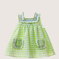 Girls Pastel Green Checkered Dress With Ruffled Collar
