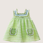 Girls Pastel Green Checkered Dress With Ruffled Collar
