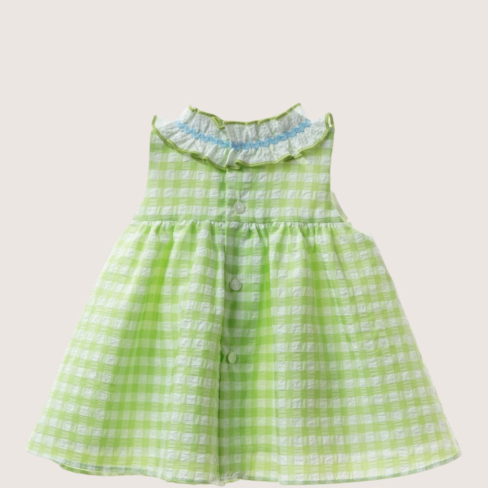 Girls Pastel Green Checkered Dress With Ruffled Collar